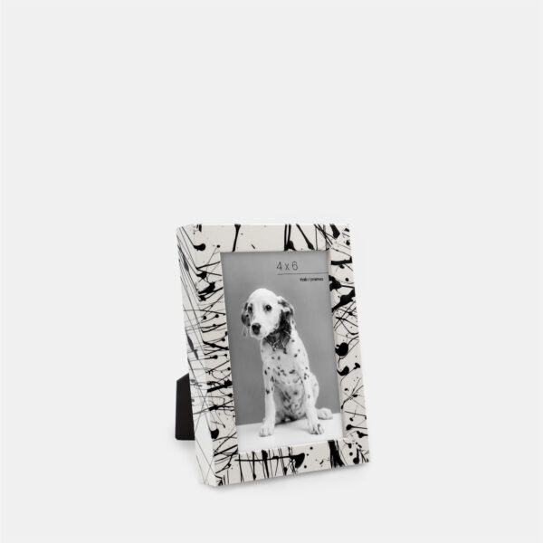 A paint splatter frame in the color Metro Fade featuring a photo of a Dalmatian puppy. 
