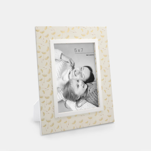A 5x7 Italian wooden frame featuring Dandelions along the edges with a photo of a mother and daughter in the center.