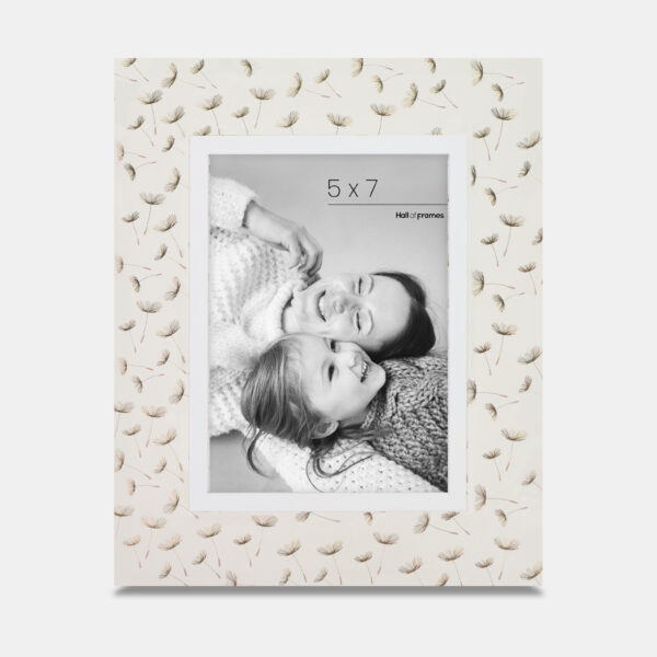 A 5x7 Italian wooden frame featuring Dandelions along the edges with a photo of a mother and daughter in the center.