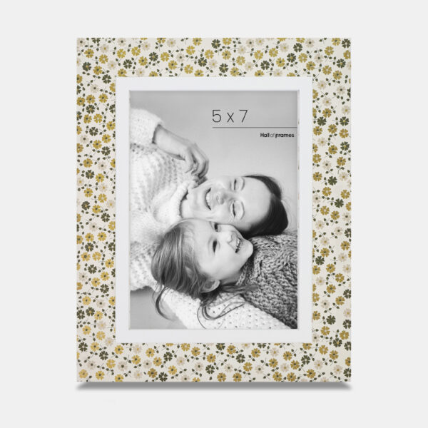 A 5x7 Italian wooden frame featuring Flowers along the edges with a photo of a mother and daughter in the center.