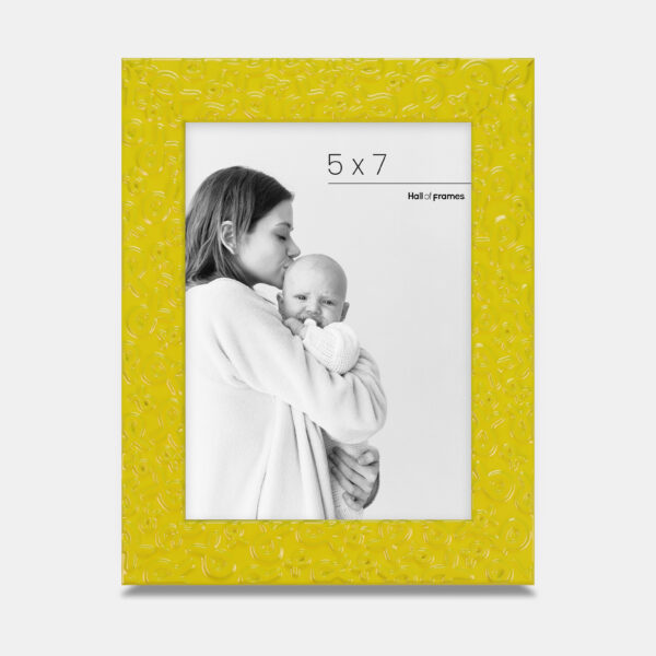 A yellow frame featuring ribbons of strength serving a heartfelt tribute of love and support, bordering a photo with a mother and baby.