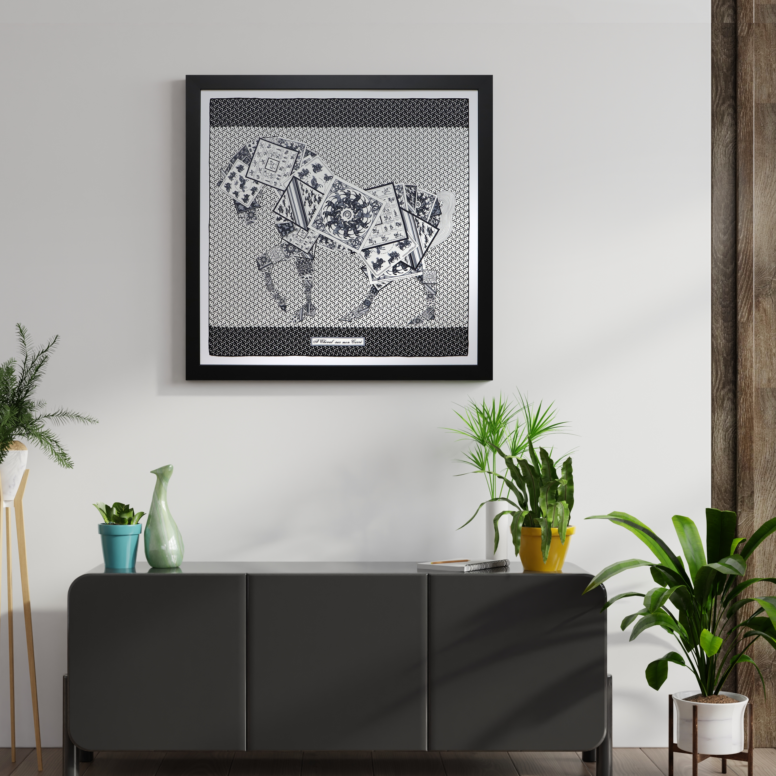 A Framed Luxury Hermes Scarf in a scene