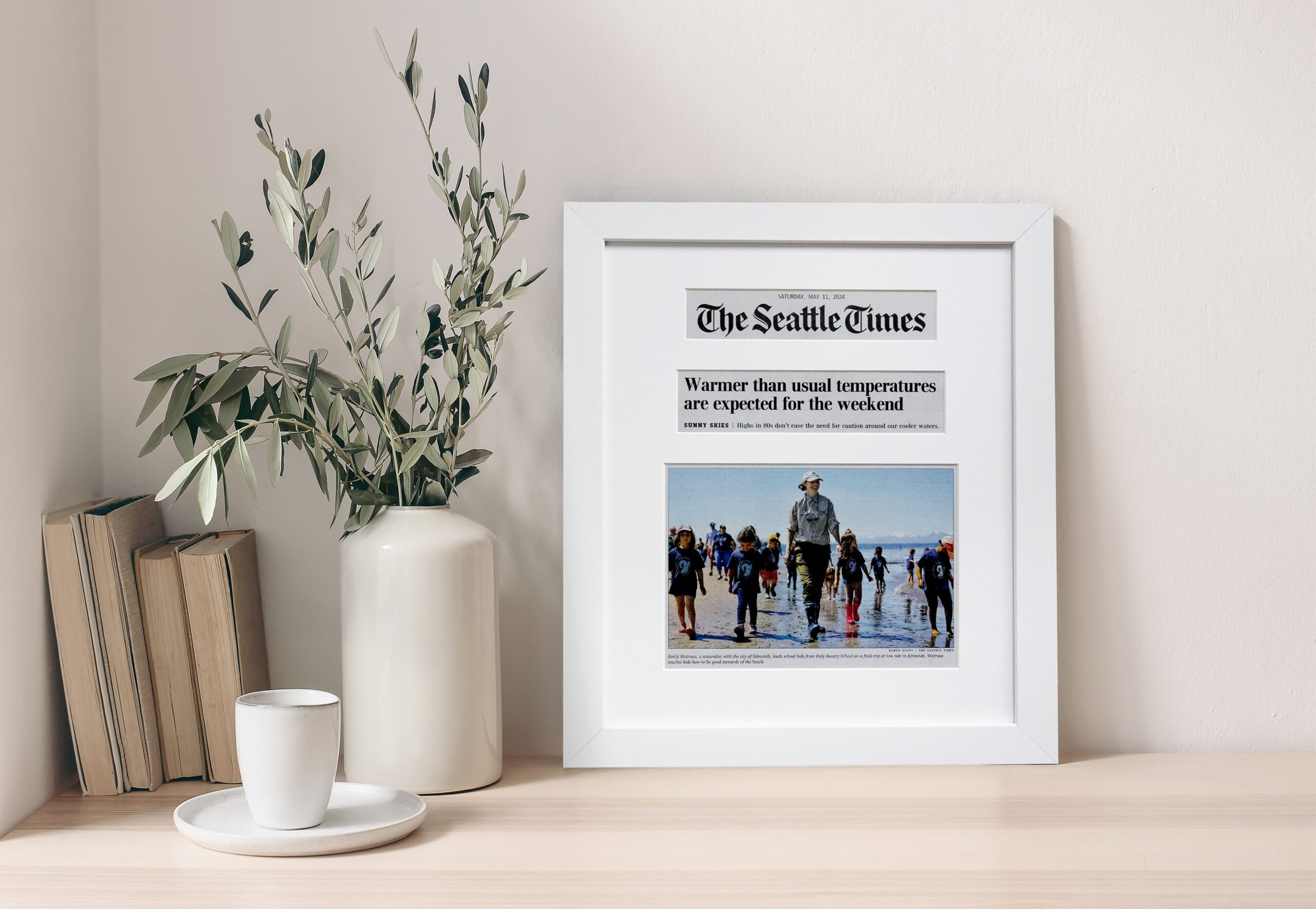 scene of a framed online article on display in a modern rustic setting