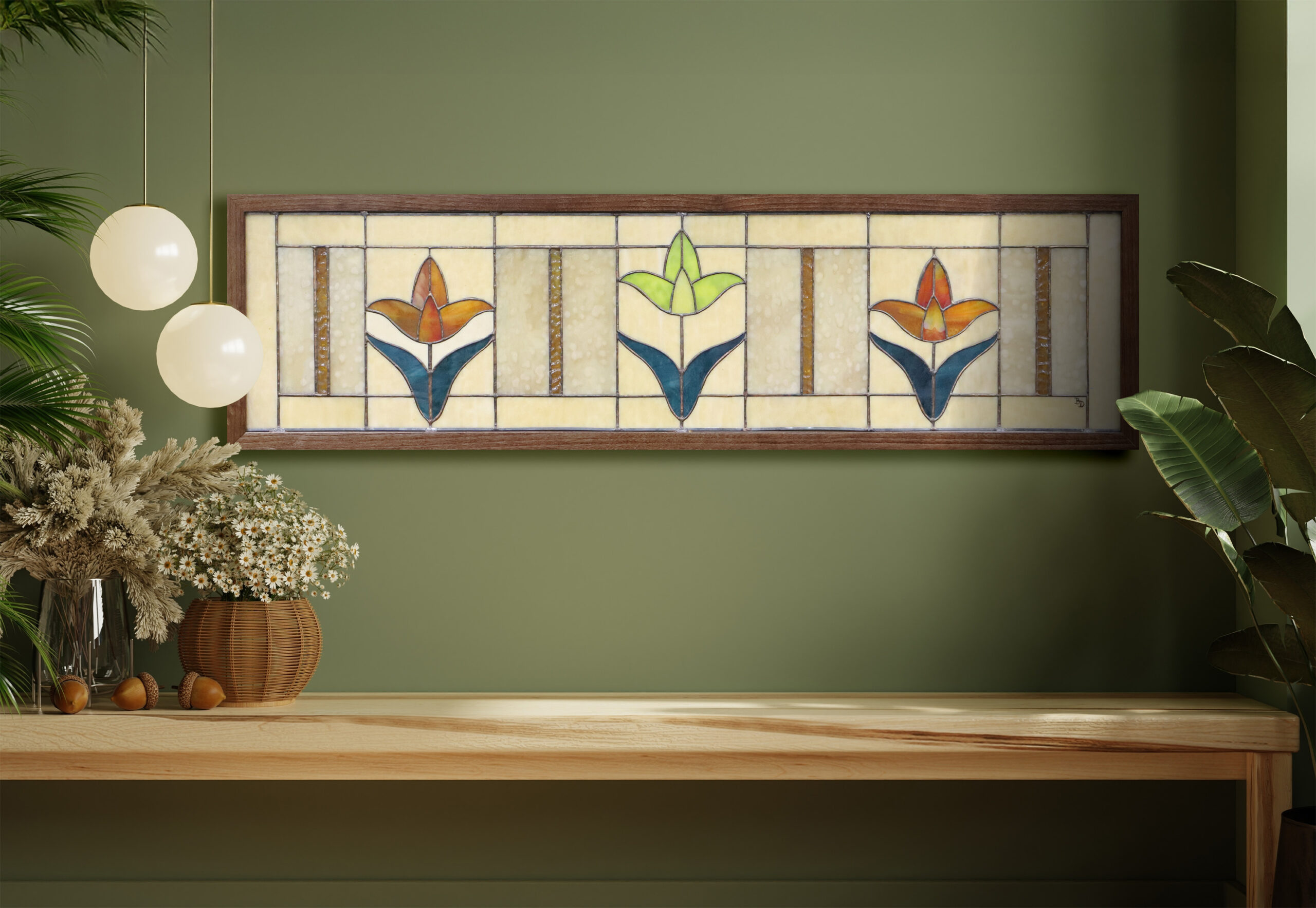 photo of a scene with a stained glass piece in a wooden frame
