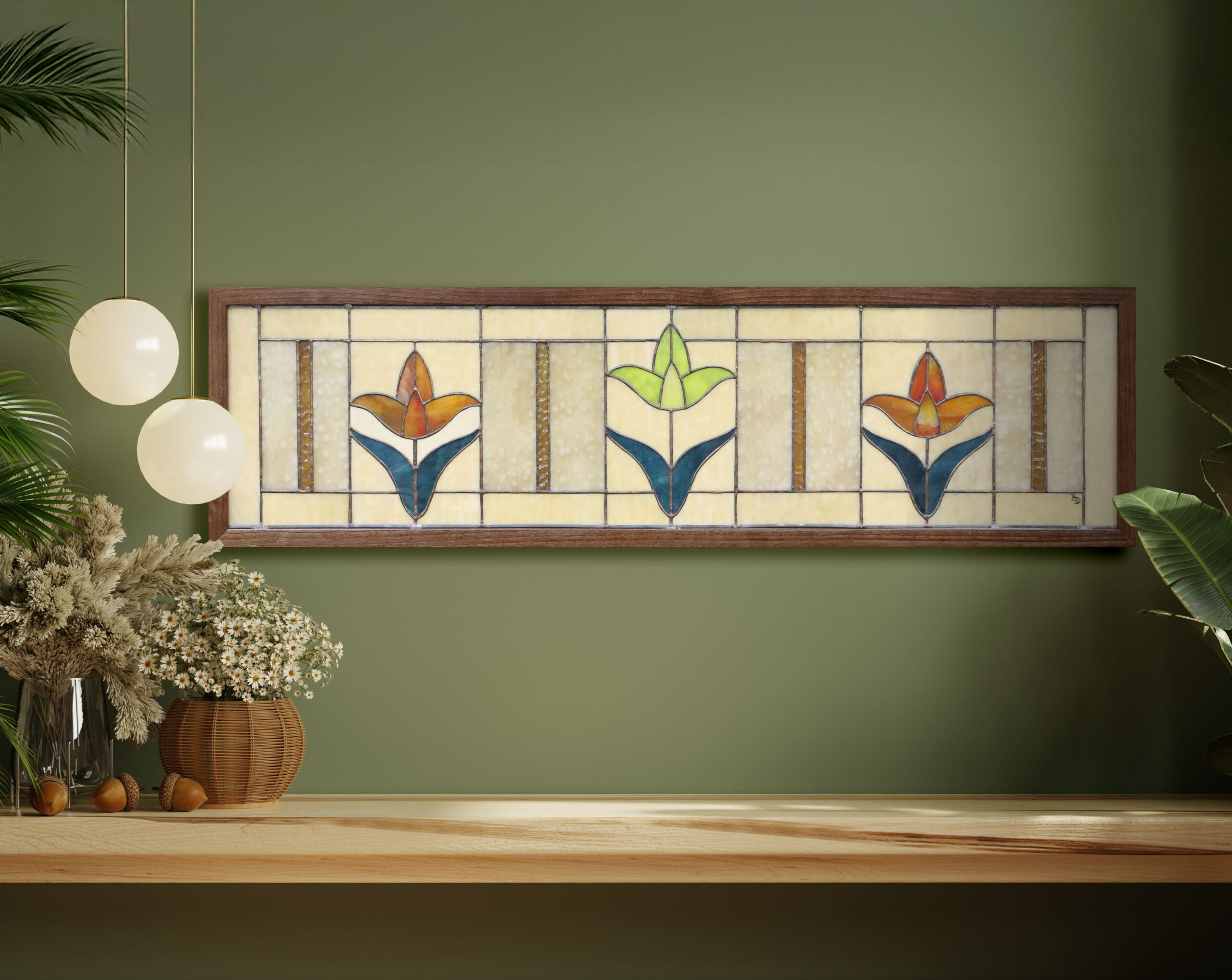 photo of a scene with a stained glass piece in a wooden frame