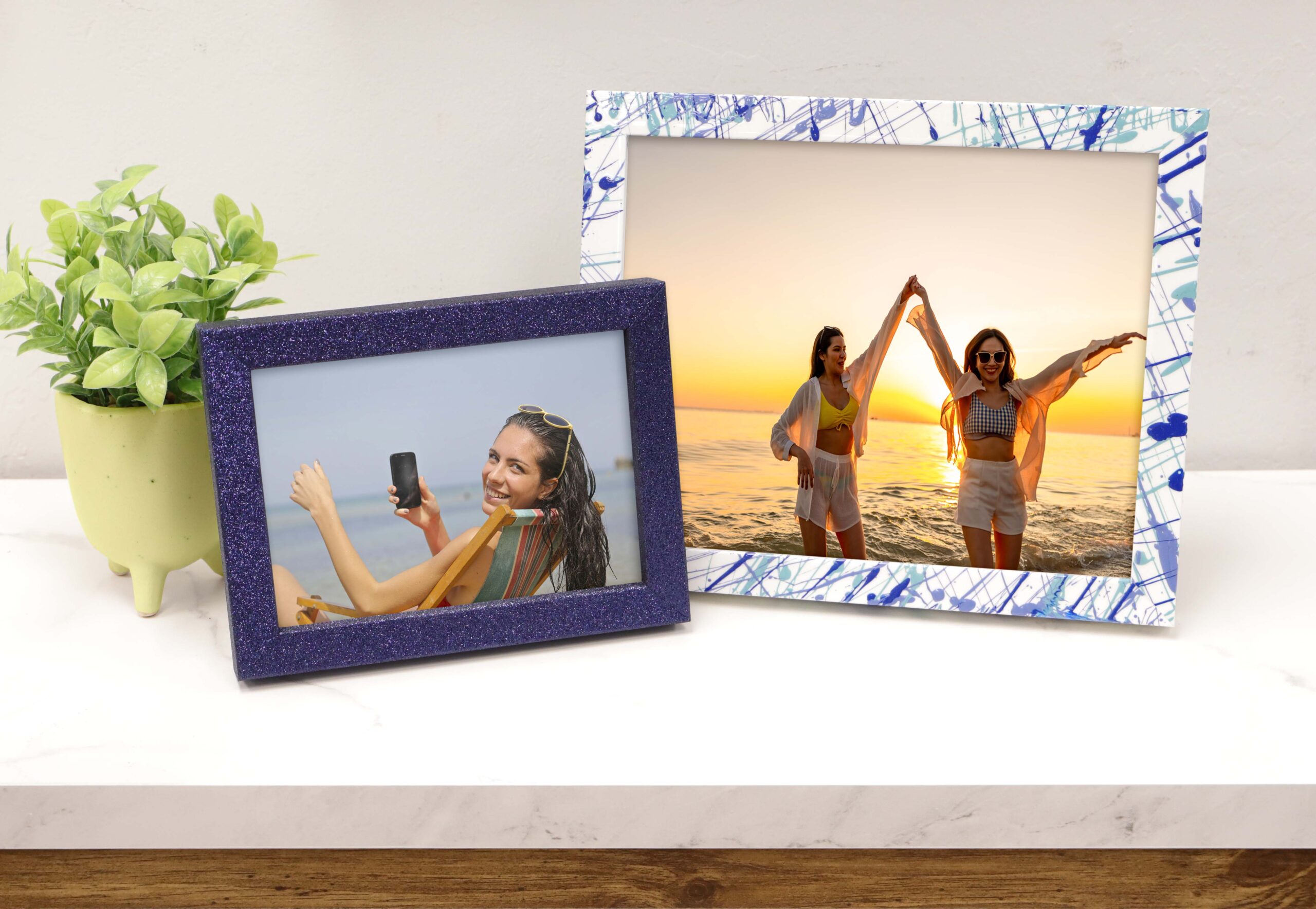 scene of two tabletop picture frames on a shelf