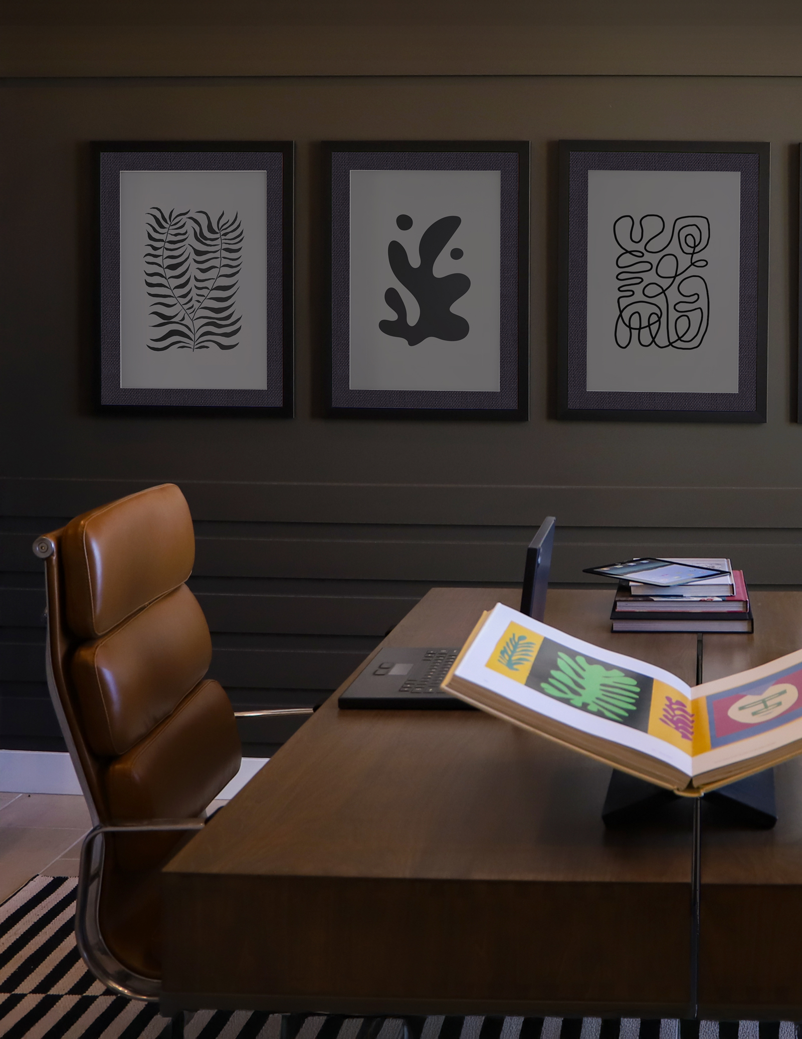 scene of framed prints in an office