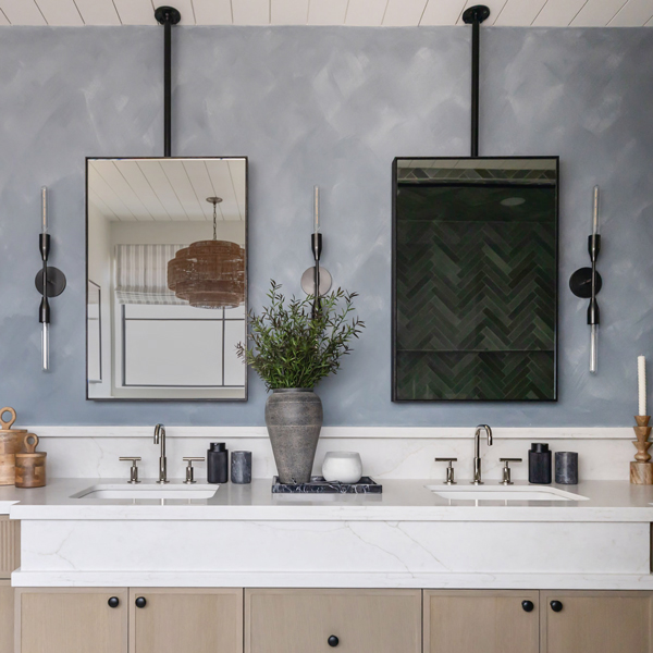 Framed Mirrors in a modern bathroom scene featuring double black infinity mirrors