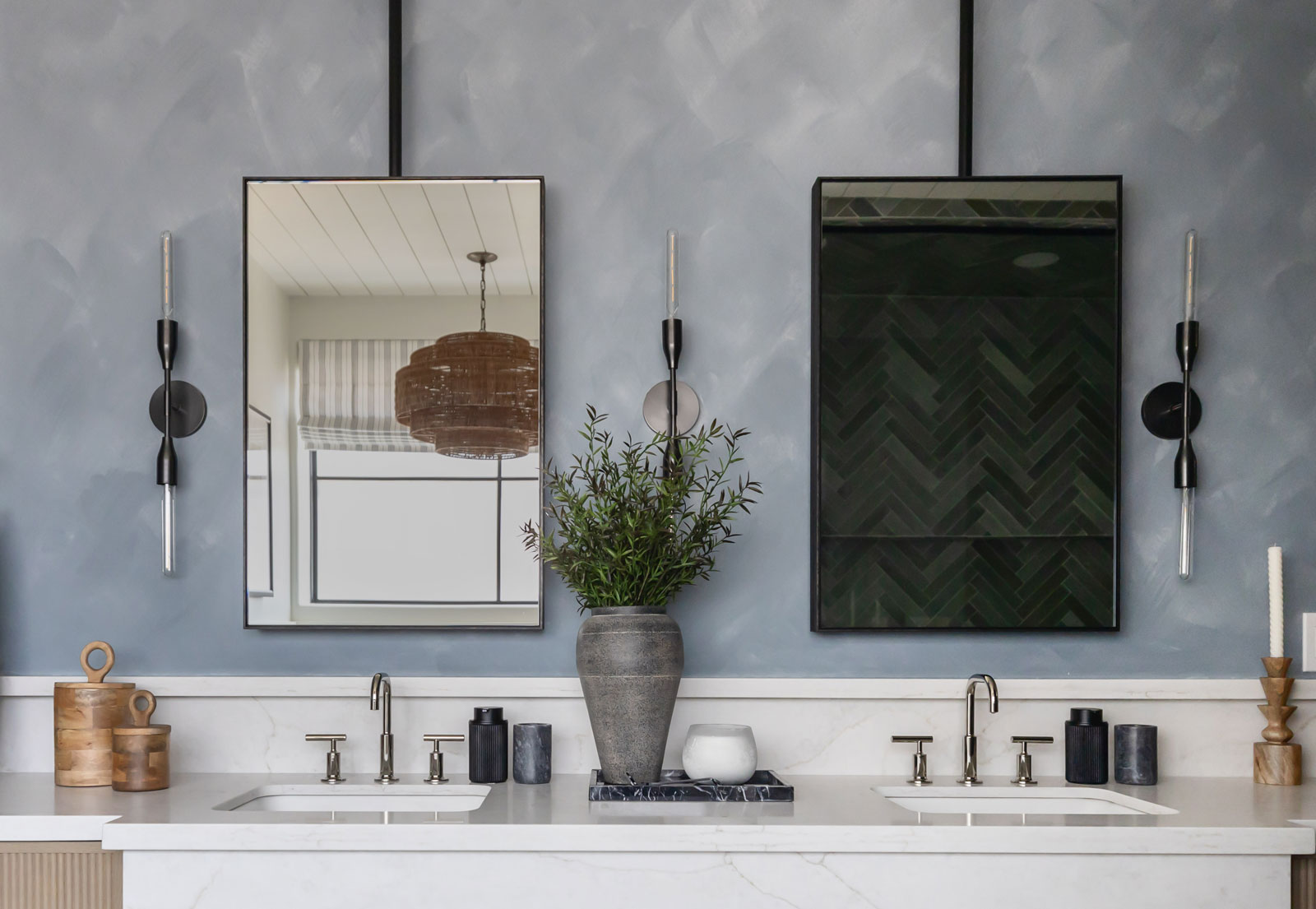 Framed Mirrors in a modern bathroom scene featuring double black infinity mirrors