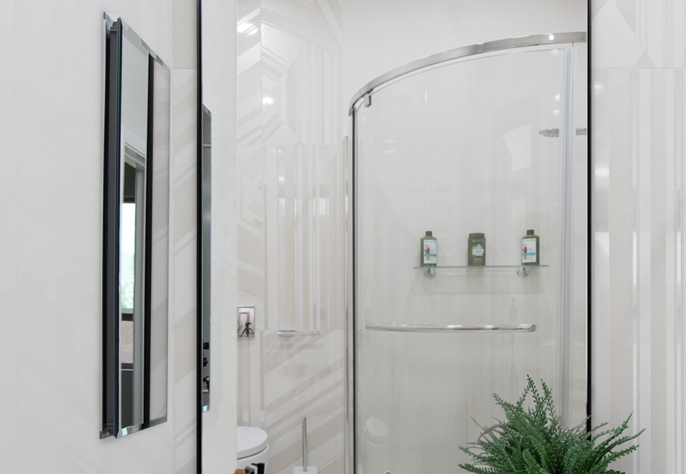 Framed mirror in background scene with black framed infinity mirror