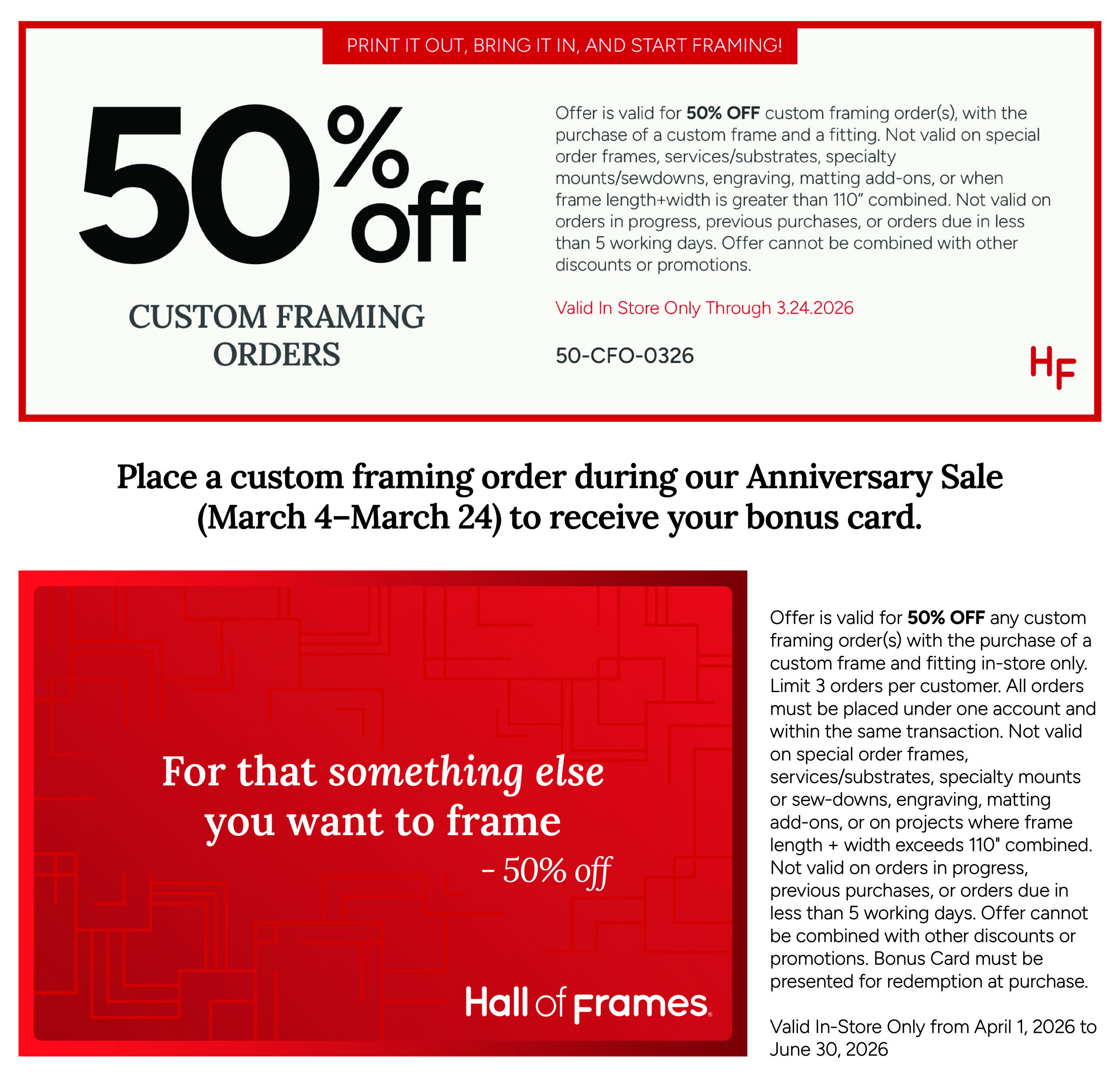 50% off Custom Framing at Hall of Frames - Valid from 3.4.2026 to 3.24.2026