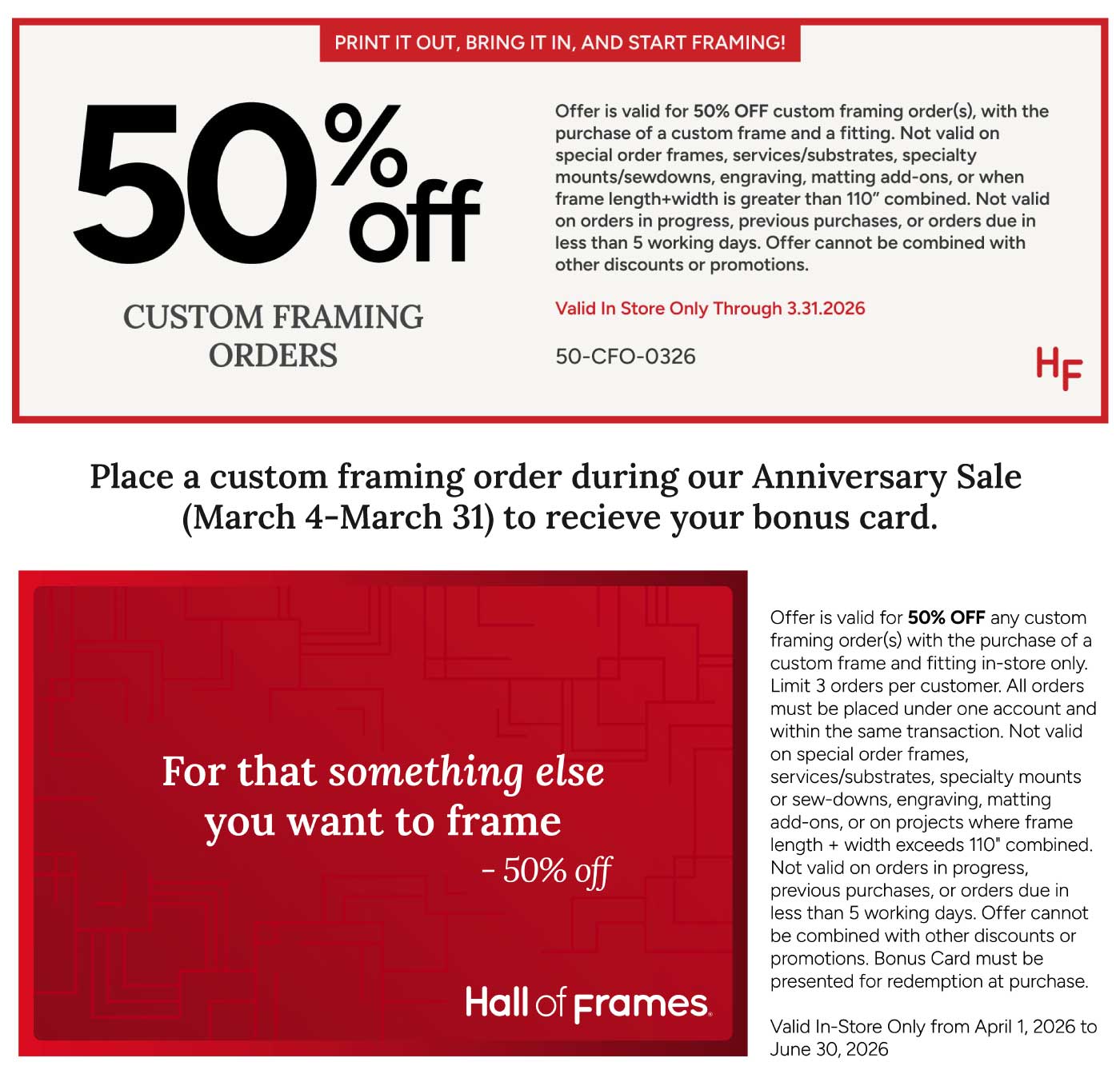 50% off Custom Framing at Hall of Frames - Valid from 3.4.2026 to 3.24.2026