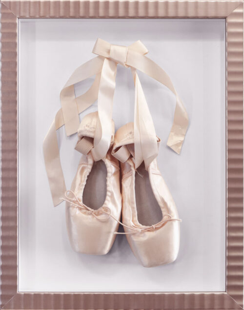 Pink Satin Ballet Pointe Shoes in Fluted Rose Gold Shadowbox