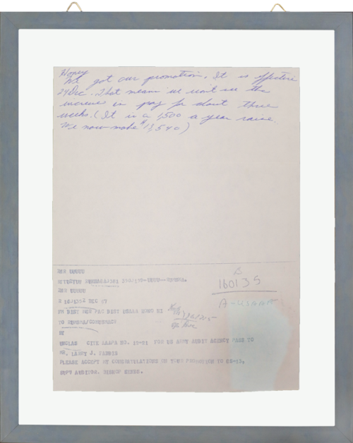 Framed 1967 military promotion letter with blue handwriting and official typewritten text.