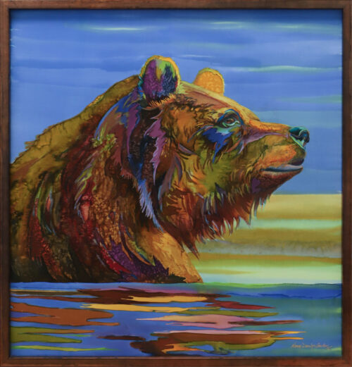 Custom Framed Grizzly Bear Silk Painting by Nancy Cawdrey