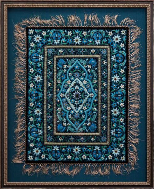 Framed Ornate Blue Floral Tapestry with Fringed Edges
