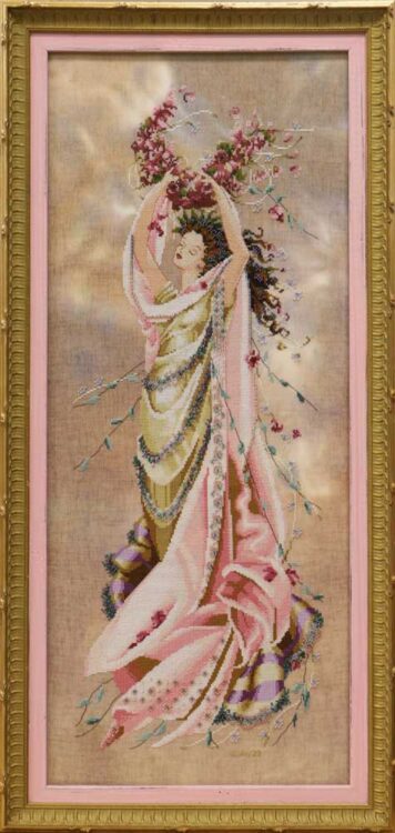Framed Tall Vertical Needlepoint of Woman with Flowers