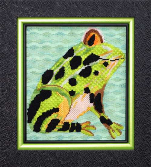 Custom Framed Frog Needlepoint with Textured Black Frame