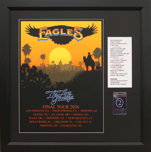 Framed Eagles 2024 Final Tour poster with sunset graphics, setlist, and commemorative tour badge.