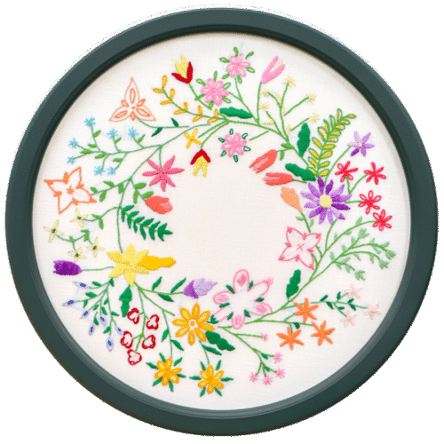 Round green frame featuring a colorful embroidered wreath of various wildflowers on white fabric.