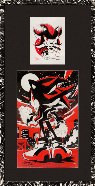 Framed Shadow the Hedgehog red and black illustrations in a double-mat and paint-splatter frame.