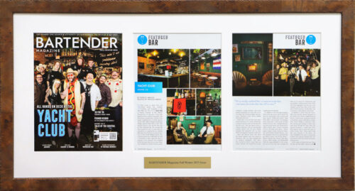 Three-page Bartender Magazine spread in a rustic wood frame, featuring Yacht Club Denver
