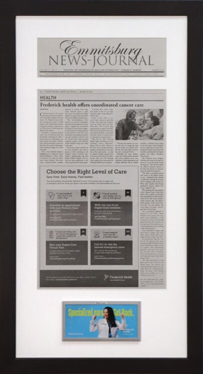 Framed Frederick Health newspaper feature with a "Choose the Right Level of Care" infographic.