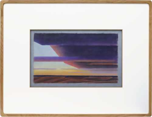 Natural wood frame with a matted abstract landscape painting of purple clouds over desert dunes.