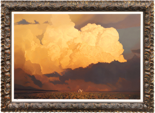 Large, ornate dark wood frame with an oil painting of a rider under massive, glowing golden clouds.