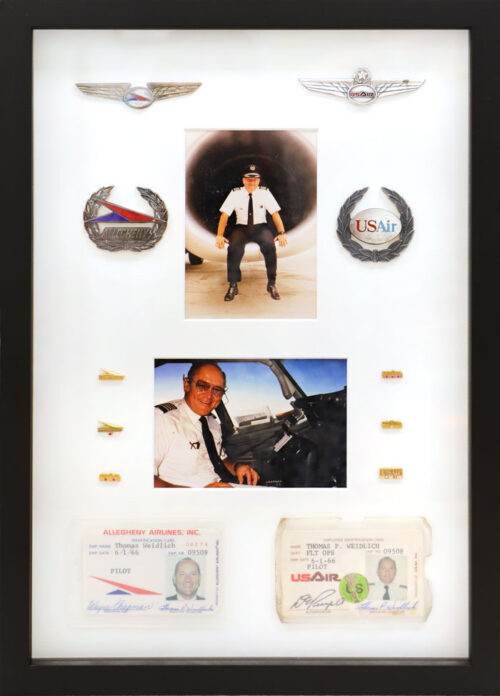 Custom Pilot Memorial Shadowbox with Airline Wings and ID Cards