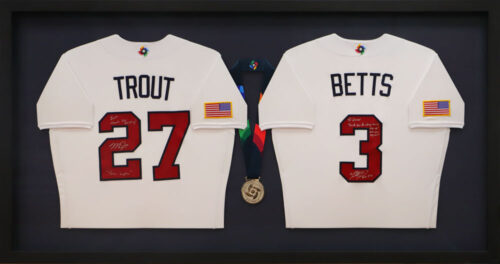 Framed Mike Trout and Mookie Betts signed USA baseball jerseys with a World Baseball Classic medal.