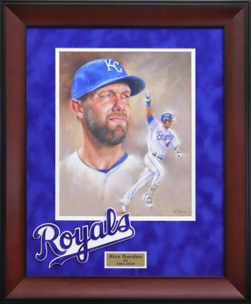 Framed Alex Gordon Kansas City Royals tribute artwork featuring a portrait and action shot on blue matting.