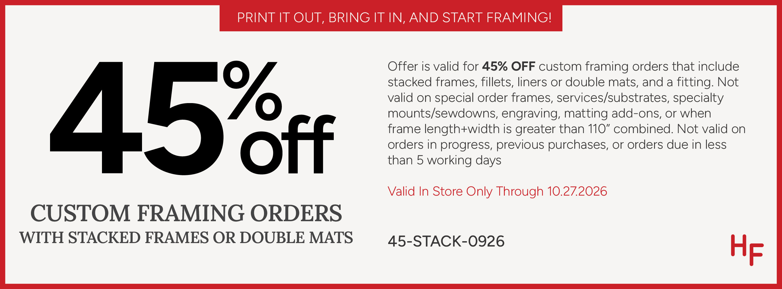 45 Percent Off Custom Framing Orders with Stacked Frames and Double Mats Coupon