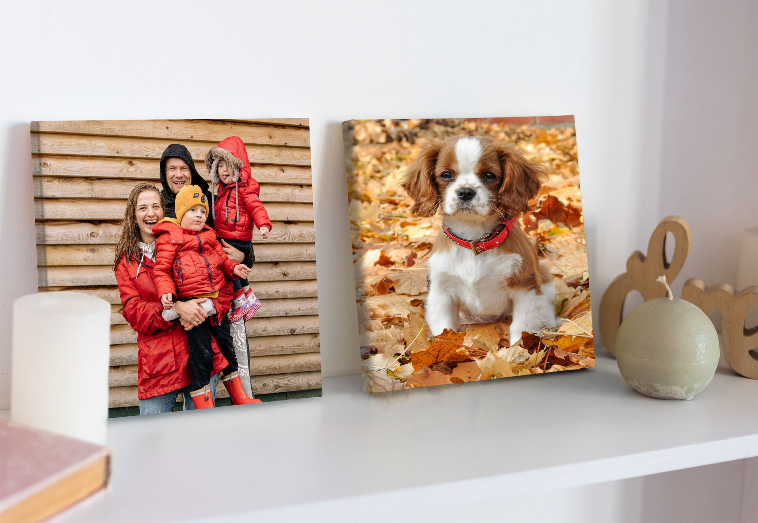 Canvas prints resting on a white shelf, one showing a family in winter coats and the other a puppy in autumn leaves.